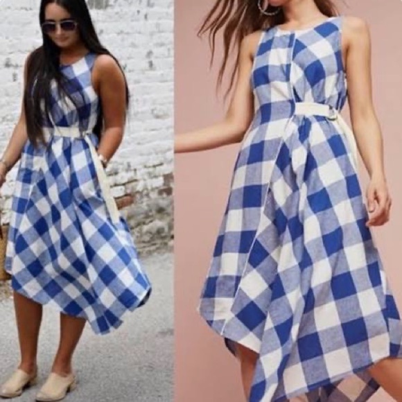 Anthropologie Dresses & Skirts - Anthropologie Maeve Buffalo Plaid Navy Tie Waist Asymmetric Hem Midi Dress S